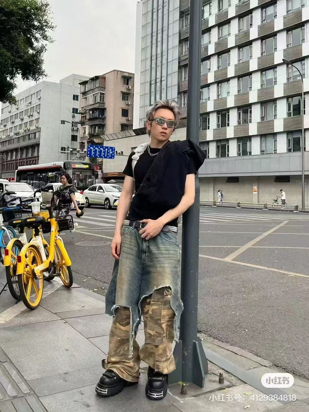 PROJEC! G/R Fake Layered Camouflage Washed Cargo Denim Jeans