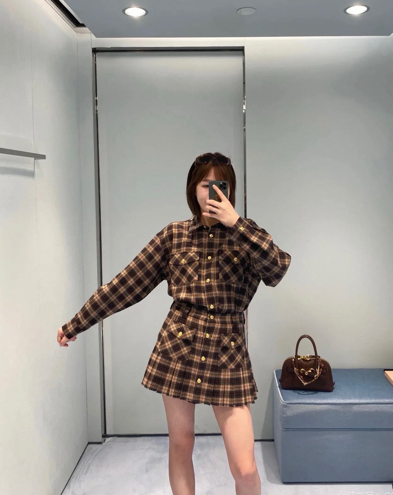 Miu Mi! Brown Wool Tartan Shirt