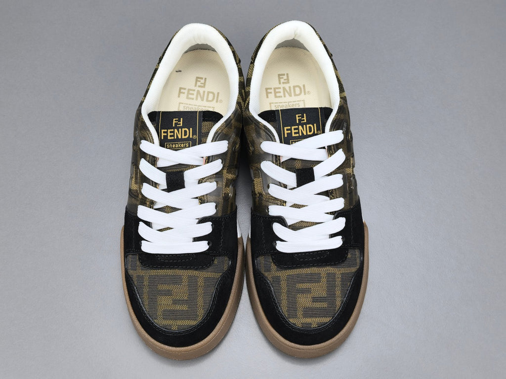 Fend! Match Sneakers Brown FF Jacquard & Black Suede Fabric Low Tops