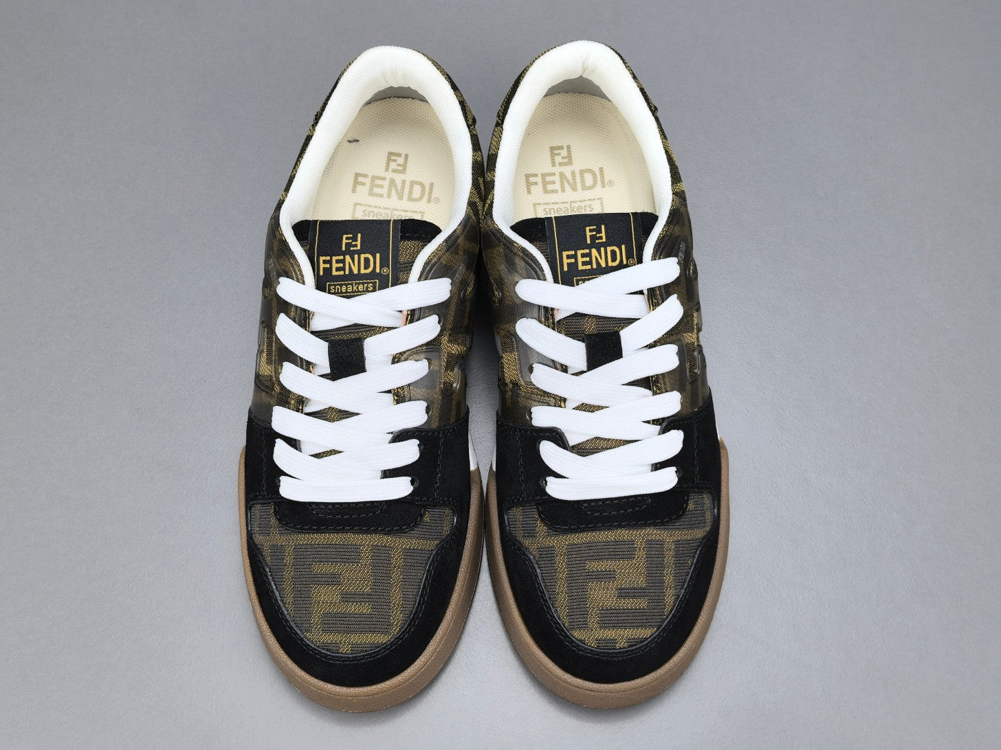 Fend! Match Sneakers Brown FF Jacquard & Black Suede Fabric Low Tops