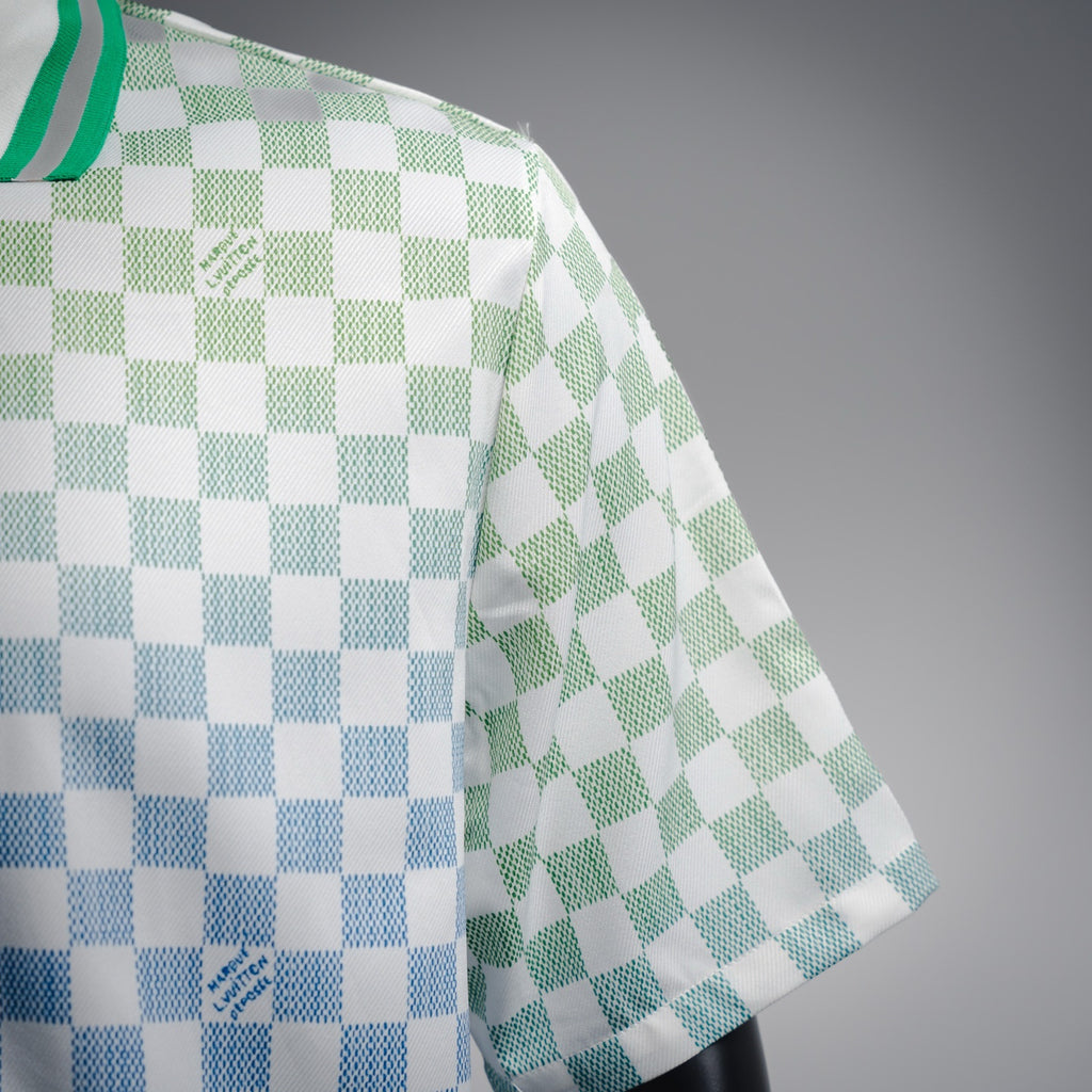 قميص بولو LV Damier Gradient المطبوع من الحرير والقطن بأكمام قصيرة