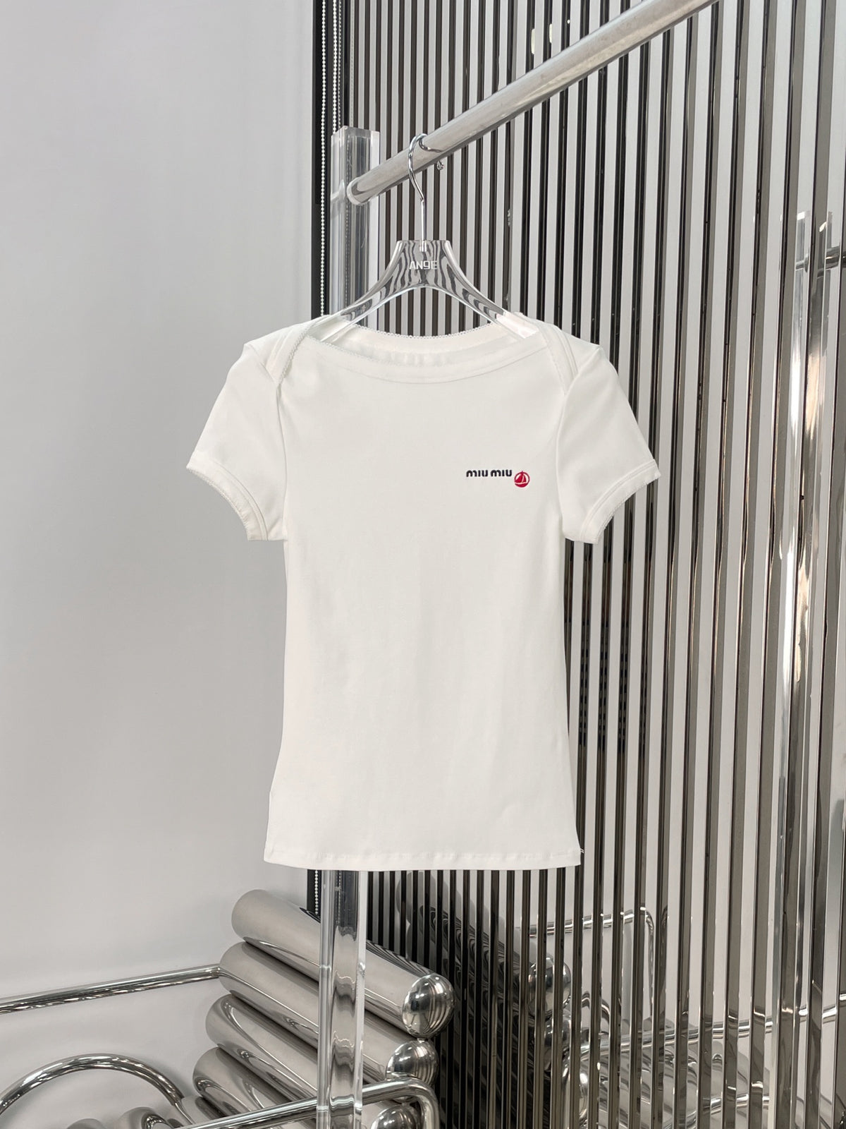 Miu lace cross-neck girlish T-shirt