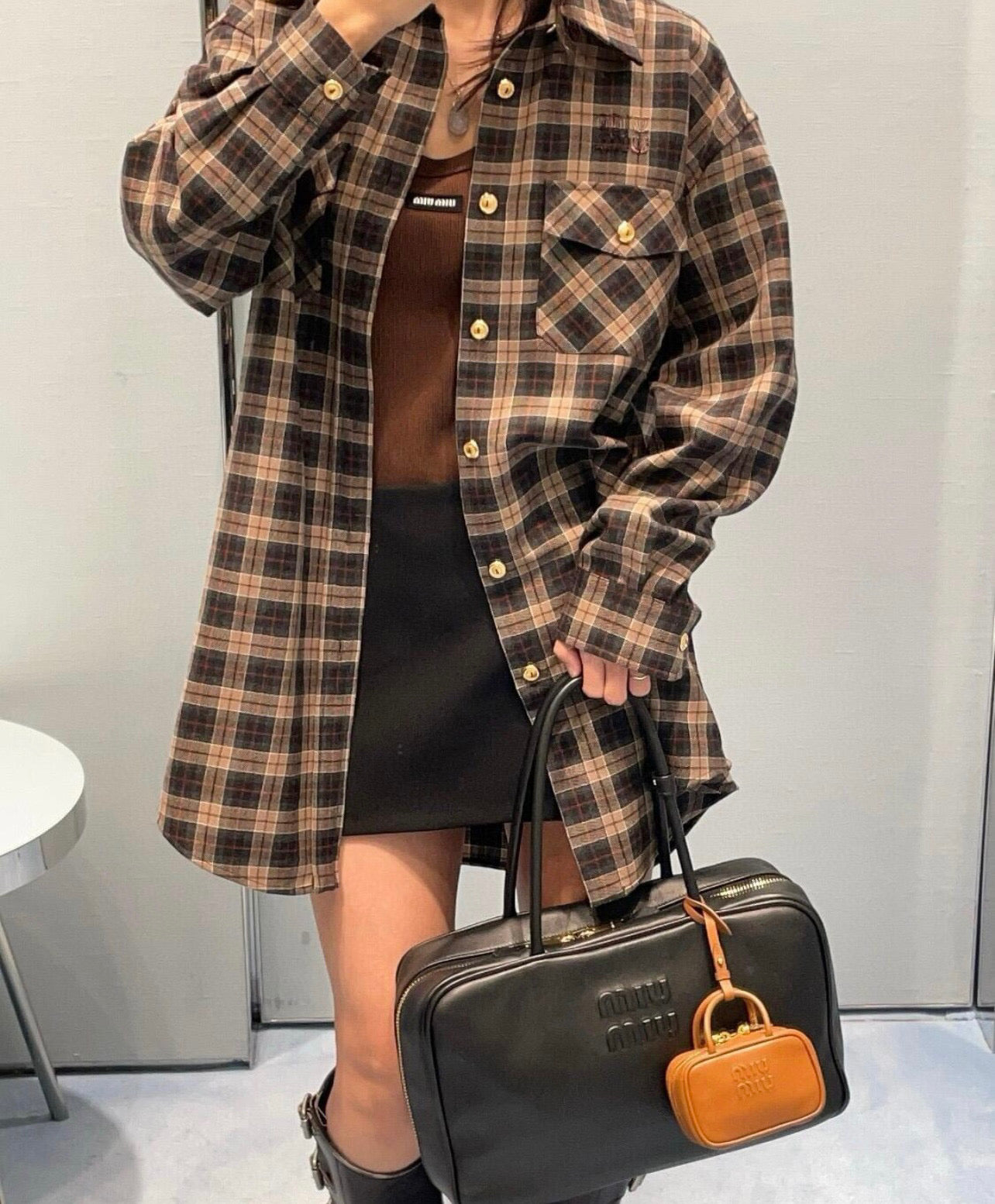 Miu Mi! Brown Wool Tartan Shirt