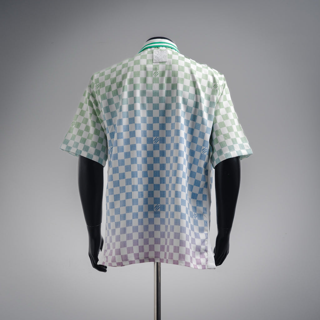 قميص بولو LV Damier Gradient المطبوع من الحرير والقطن بأكمام قصيرة