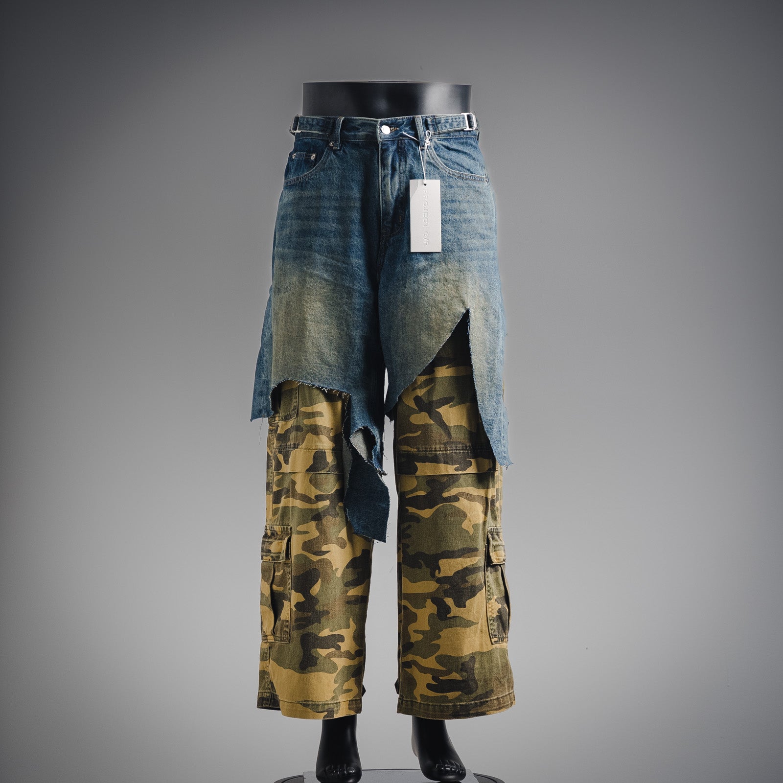 PROJEC! G/R Fake Layered Camouflage Washed Cargo Denim Jeans