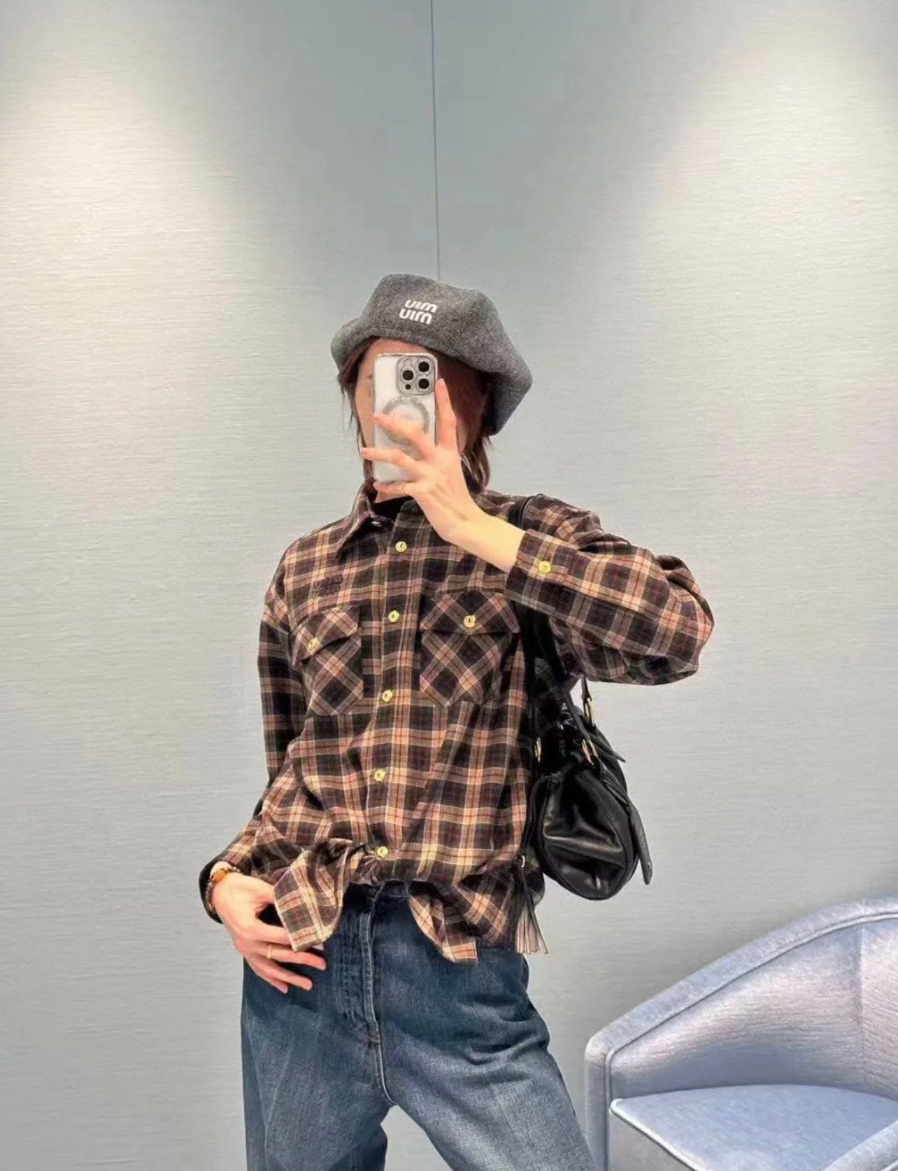 Miu Mi! Brown Wool Tartan Shirt